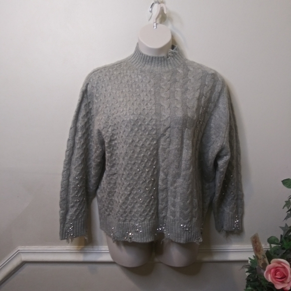 Zara Gray Cable Rhinestone Studded, Distressed Wool Blend Sweater - Picture 10 of 10